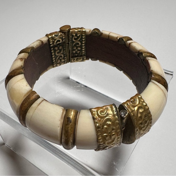 Vintage Hinged Bone Ivory & Brass Bangle Bracelet - Picture 1 of 3